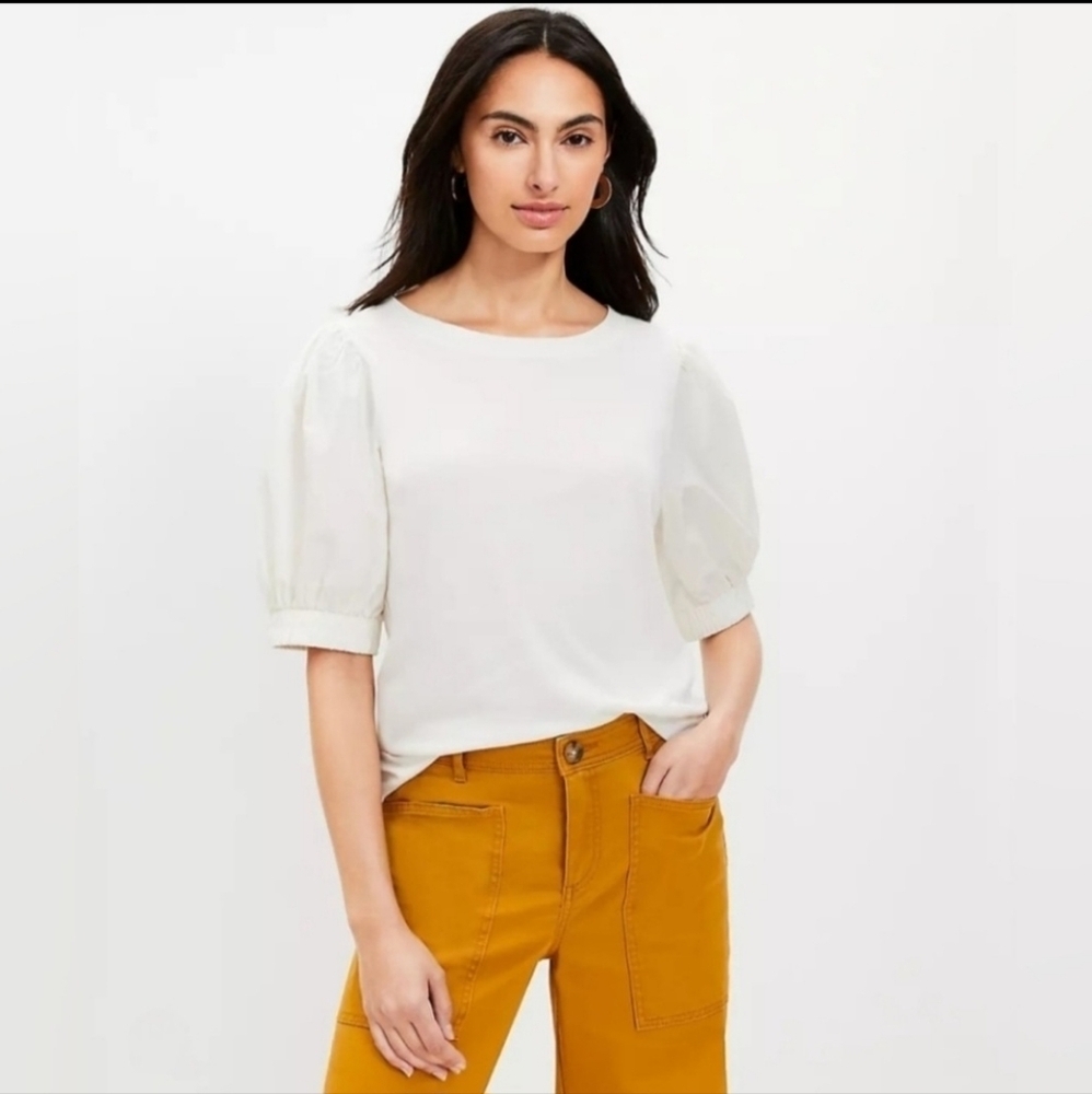 NWT | LOFT | Puff Sleeve Mixed Media Top | Size: Medium | Color: Whisper White